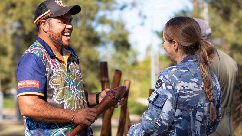 Rhan Hooper chats with Indigenous Liaison Officer, Flight Lieutenant Sarah Woods