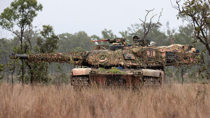 An M1A1 Abrams from Battle Group Heeler in a battle hide during Exercise Southern Jackaroo, part of Exercise Diamond Strike, in the Townsville Field Training Area, Queensland. Photos: Corporal Nicole Dorrett