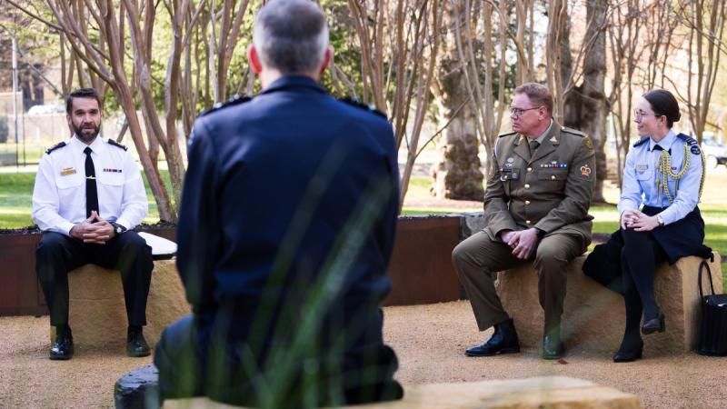 Chief of Air Force Air Marshal Robert Chipman meets with Indigenous Elders and current serving members at the Royal Military College - Duntroon Yarning Circle, Canberra. Photo: Corporal Sam Price