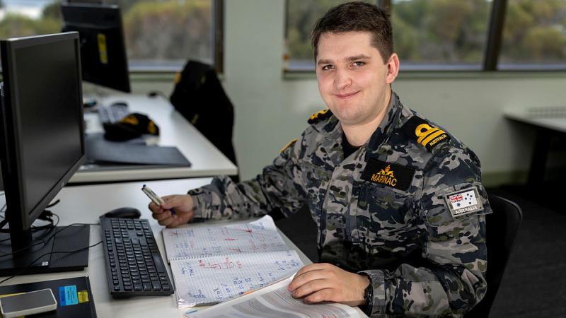 Maritime Warfare Officer Submariner Lieutenant Mitchell Marinac taking his qualifications to the next level with the STEM Upskilling Program, at Submarine Force Headquarters. Photos: Chief Petty Officer Yuri Ramsey