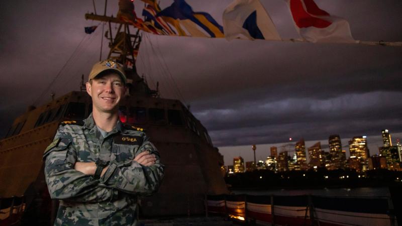 Royal Australian Navy officer Lieutenant Eamon O'Shea onboard USS Canberra.