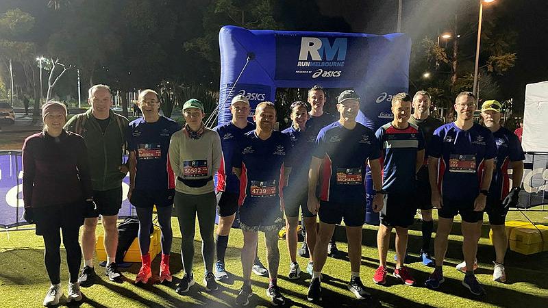 Members of the ADF Running and Athletics Association before the start of the Run Melbourne half marathon event. 