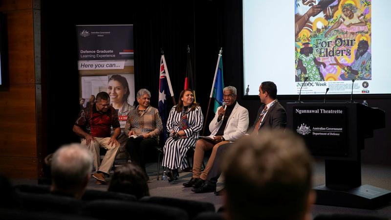 Defence Indigenous Elders speak during a panel for NAIDOC Week at Canberra on July 3. From left, Air Force Warrant Officer Donald Taylor, Aunty Frances Visini, Aunty Lorraine Hatton, Uncle Phillip Bowie and John Love. Photo: Corporal Michael Rogers