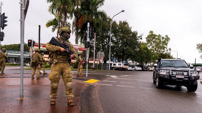 Australian Army Reserve soldiers from Battle Group Waratah patrol the main street of Ingham, Queensland while carrying out protection operations as part of Exercise Talisman Sabre 2023. Photos: Corporal Michael Currie