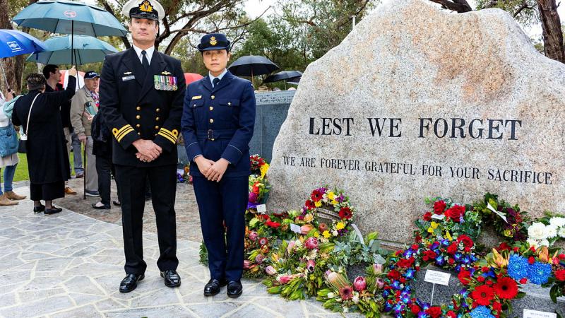 A Navy and Air Force officer standing at the Perth Korean War Memorial