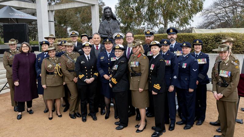 Military nurses and federal ministers at the unveiling of a sculpture of Lieutenant Colonel Vivian Bullwinkel at the Australian War Memorial.
