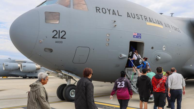 Elders, students and community members from the South East Queensland Indigenous Community board a 36 Squadron C-17 Globemaster III for a NAIDOC familiarisation flight from RAAF Base Amberley.
