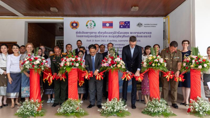 Australian and Laos VIP representatives cut the ribbons to officially open the joint Australia-Laos Molecular Malaria Laboratory in Ventiane, Laos during Indo-Pacific Endeavour 2023.