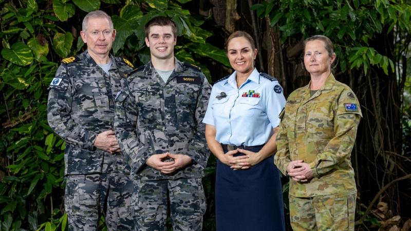 Indo-Pacific Endeavour 2023 headquarters staff (L-R) Commander Andrew Duff, Able Seaman William Scott, Chief of Staff Group Captain Lesley Carney and Private Jade Molloy in Sembawang, Singapore.