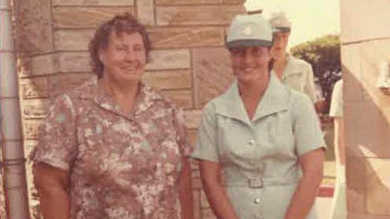 Australian Army Major Wendie McAdie stands with her mother, Lillian Pannowitz, at her marching out from Women's Royal Australian Army Corps in Georges Heights, 1983.