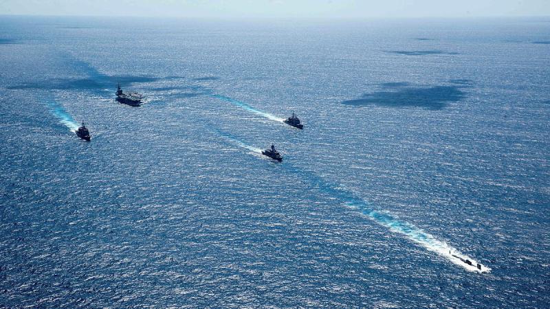  USS Ronald Reagan, steams in formation with the RAN ship HMAS Perth, USS North Carolina and USS Robert Smalls, and USS Antietam in the Indian Ocean during Exercise Talisman Sabre. 