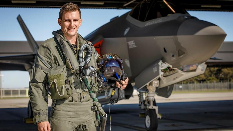  RAAF pilot Flight Lieutenant Ross Bowman at RAAF Base Williamtown before flying the F-35 A Lightning II display at the Central Coast Airshow 2022, at Warnervale, NSW.. 