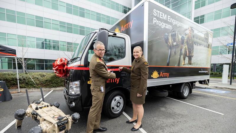 Director General Army Aviation Systems, Brigadier Andrew Thomas, and Director of Recruiting - Army, Colonel Kimberlea Juchniewicz with Army’s new STEM Engagement Program truck. 