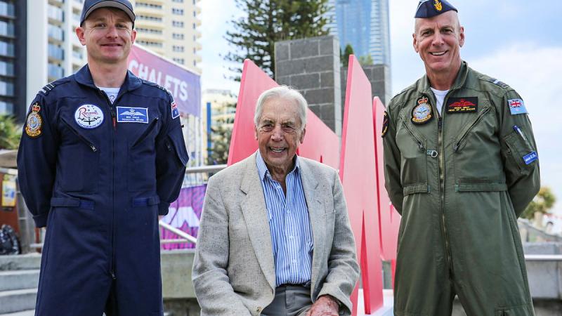 Air Force Roulette pilot Flight Lieutenant Ben Price, left, Air Force Veteran Henry Young, centre, and Air Commodore Micka Gray, right, at Pacific Airshow Gold Coast.