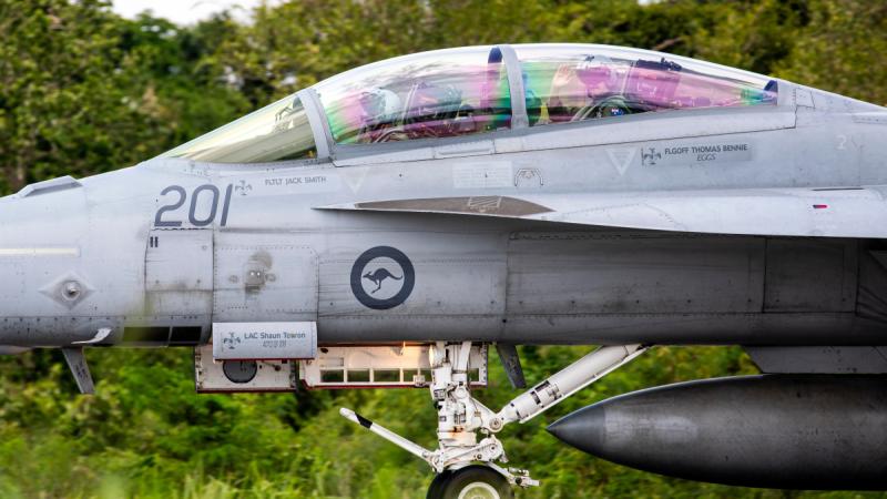 A RAAF F/A-18F Super Hornet aircraft from 1 Squadron taxiing after a sortie during Exercise Thai Boomerang 23 at the Korat Royal Thai Air Force Base, Thailand.