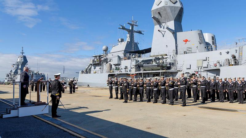 The Governor of Western Australia, Chris Dawson, receives a Royal Salute from the HMAS Perth Guard during the 2022 Duke of Gloucester Cup award ceremony at Fleet Base West.