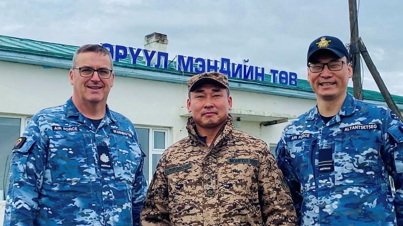 From left, RAAF engineer Warrant Officer Andrew Warmington, Mongolian Armed Forces Lieutenant Tsendendamba and RAAF engineer and interpreter Flight Lieutenant Burentogtokh Altantsetseg at the Tsenser community hospital in Arkhangai State, Central Mongolia.