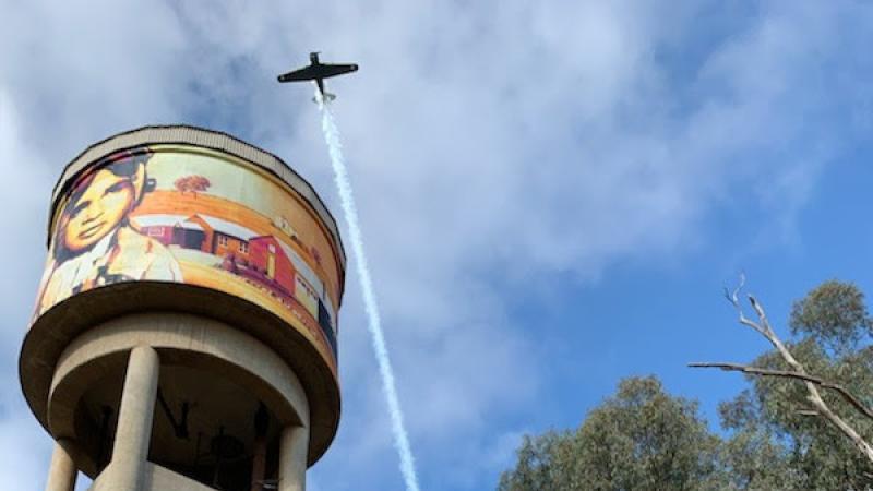 A 100 Squadron Wirraway aircraft performs a flypast to mark the unveiling of the Uranquinty water tower mural.