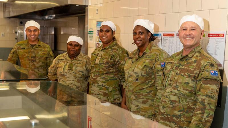 Students of the first Army Reserve catering operator course held at HMAS Cerberus, Victoria. From left, Privates Harmeet Singh, Samara Fourmile, Shanane Doughboy, Nazareth Gamia and Lance Corporal James Noonan.