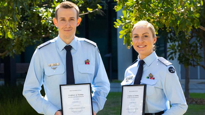 Corporal Baden Oakley and Corporal Emily Smeaton with their graduation certificates.