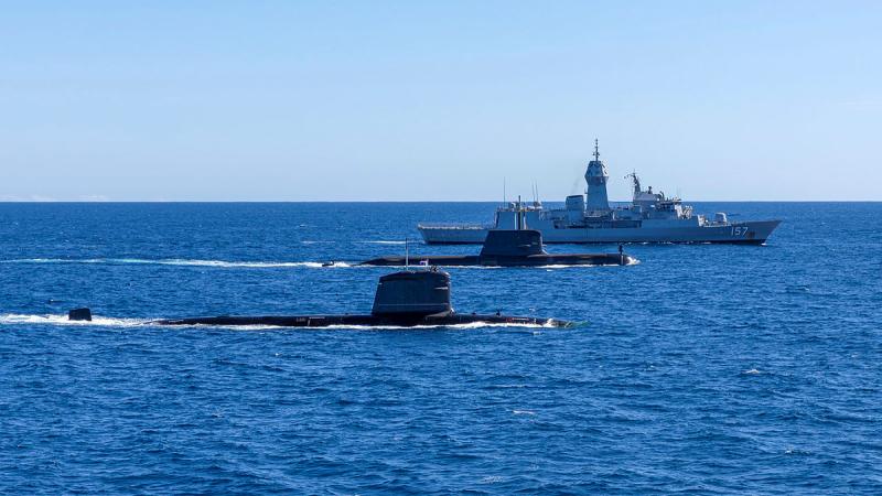 From front, HMAS Rankin, INS Vagir, and HMAS Perth conduct manoeuvre exercise at the Western Australian Exercise Area during the Indian Submarine INS Vagir’s visit to Fleet Base West in Perth. 