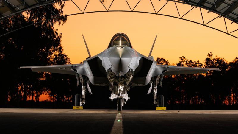 An F-35A Lightning II from the Japan Air Self-Defense Force 301st Tactical Fighter Squadron during sunset at RAAF Base Tindal.
