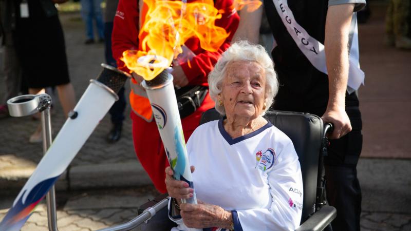 Royal Australian Navy veteran Merle Hare at Legacy house preparing to light the flame before commencing her leg of the Legacy Centenary Torch Relay in Canberra.