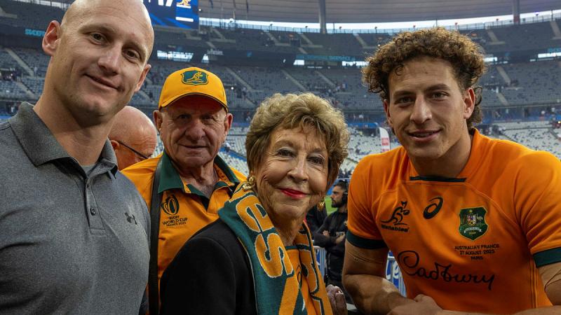 Jonathan Church Good Soldiering Award ambassador Corporal Justin Wells, left, with Australian Rugby Union Wallaby Mark Nawaqanitawase , right, and his grandparents, centre, after his debut for the Wallabies against France, at Stade de France, Paris. 