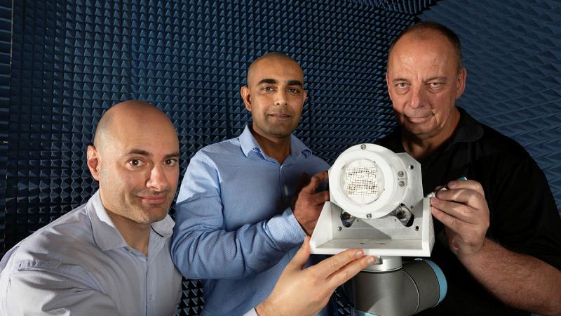 Daniel Borg, Dr Manik Attygalle and David Burdon from the MetaSteerers team showing their award winning antenna system.