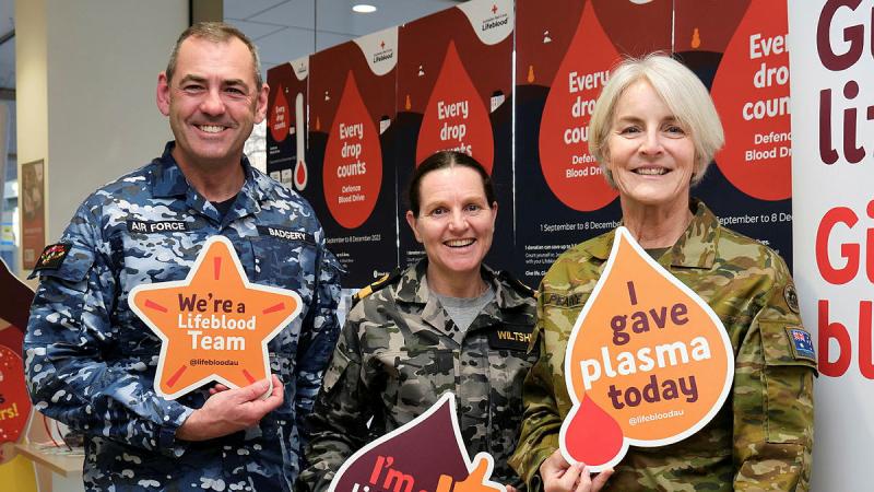 From left, Air Commodore James Badgery, Commodore Jan Wiltshire and Major General Cheryl Pearce at the launch of the Defence Blood Drive at the Civic Plasma Donor Centre, Canberra. Photo: Flight Sergeant Kev Berriman