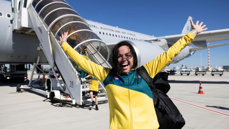 Invictus Games 2020 Team Australia competitor Colleen Swifte disembarks a Royal Australian Air Force KC-30A Multi-Role Tanker Transport aircraft at Düsseldorf Airport, Germany.