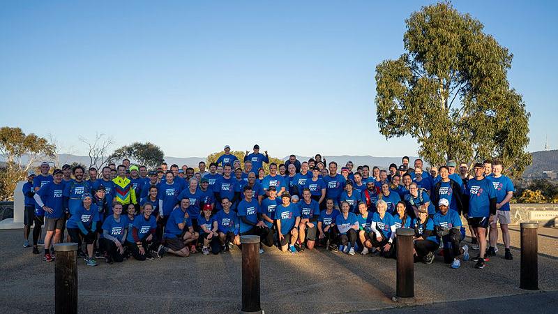 Defence Minister Richard Marles, Chief of Air Force Air Marshal Robert Chipman and Flight Lieutenant Adon Lumley run with other participants in the annual Bravery Trek charity run at Mount Pleasant, Canberra.