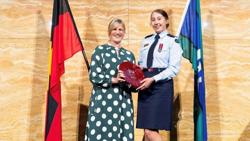 Pilot Officer Russell receives the 2023 UNSW Canberra Spirit Award at the Australian Defence Force Academy.