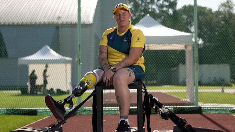 Team Australia competitor Ainsley Hooker shows off her new prosthetic leg with Invictus Games inspired artwork at the Merkur Spiel-Arena in Düsseldorf, Germany. 