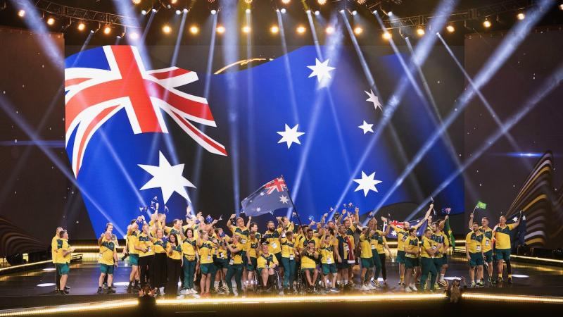 Invictus Games Team Australia competitors and staff enter the stadium during the opening ceremony at the Merkur Spiel-Arena in Düsseldorf, Germany.
