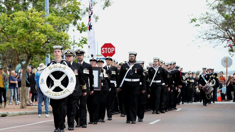 Ship's company from HMAS Stirling conduct a Freedom of Entry Parade through the streets of Rockingham.