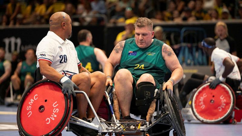 Invictus Games 2023 Team Australia competitor Andrew Tebbit blocks a USA player during a pool match against USA at the Merkur Spiel-Arena in Düsseldorf, Germany. Photo: Flight Sergeant Ricky Fuller