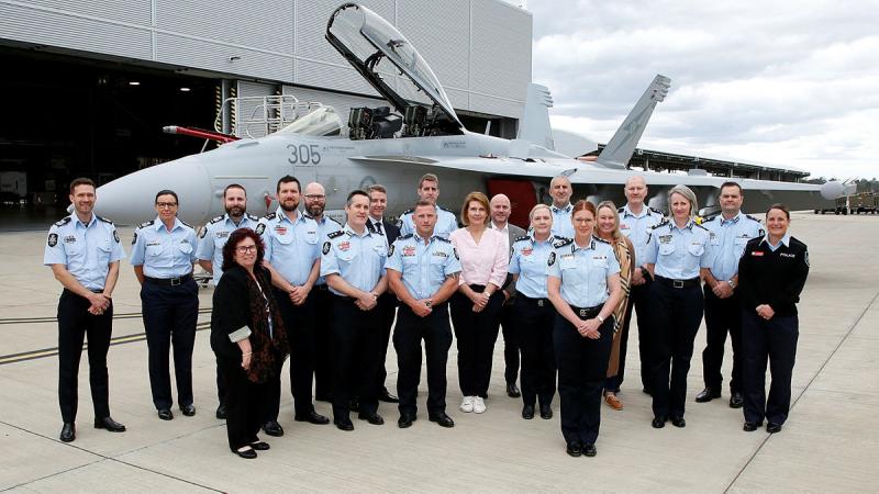 Australian Federal Police Northern Command executive leadership forum on the flight line with an EA-18G Growler from 6 Squadron at RAAF Base Amberley in Queensland. 