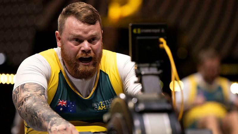 Invictus Games Team Australia competitor Shaun Hillman competes in the men’s IR6 one-minute sprint indoor rowing event at the Merkur Spiel-Arena in Düsseldorf, Germany.