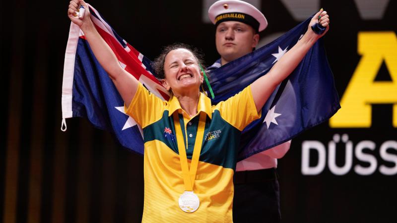 Verity Sanchez looking elated after receiving Silver medal