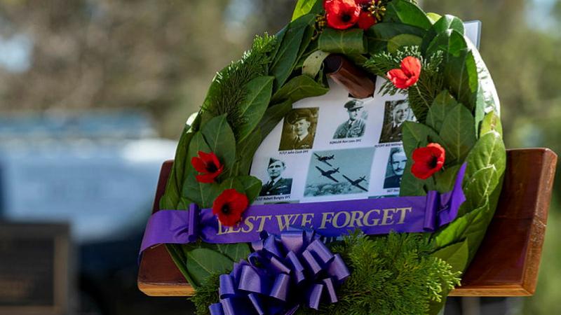 A wreath tribute at the Battle of Britain commemorative service at Torrens Parade Ground in Adelaide, South Australia. 