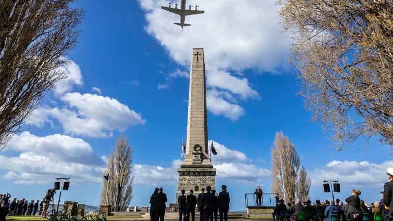 A RAAF AP-3C Orion aircraft from 10 Squadron conducts a flypast during the National Commemoration of the 83rd Anniversary of the Battle of Britain at Hobart Cenotaph, Tasmania. 