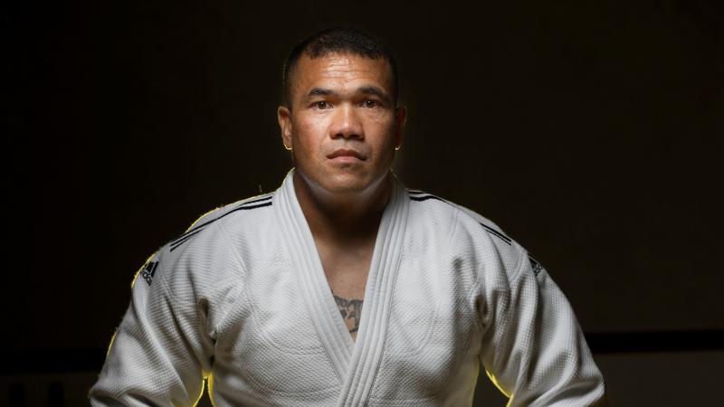 Australian Army soldier Private Feao Faka'Osi on the mat during a practice session at Holsworthy gymnasium, Sydney, NSW.