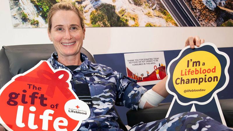 Flight Lieutenant Tanya Carter at the Lifeblood donation centre in Ipswich after making a donation.