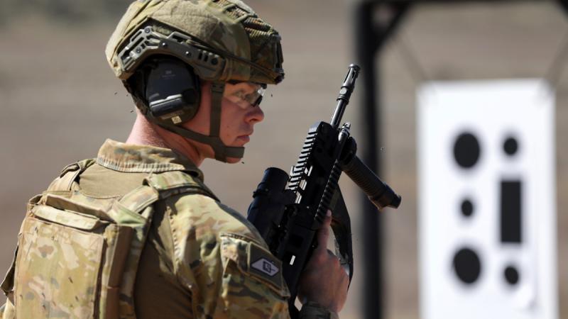 Australian Army soldier Trooper Ronan Ney, 1st Armoured Regiment, competes at the Simpson Trophy at Cultana Training Area in South Australia.