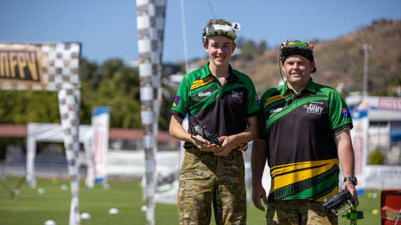 Australian Army cadet drone racing team captain Sergeant Lewis Sanderson, and captain of the Australian Army drone racing team Sapper Alex Brown compete side-by-side in the semi-finals at the National Drone Racing Championship in Townsville, Queensland from 24-27 August 2023.