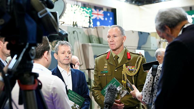 Head of Australian Defence Staff in London Brigadier Grant Mason (right) with Austrade’s Defence and Security Director in the UK John Brosnan (left) address the media at the Defence and Security Equipment International exhibition in London.