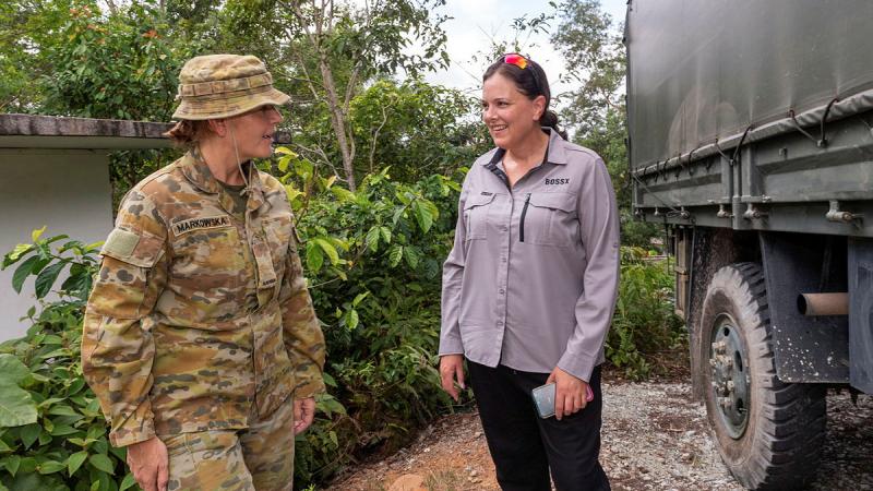 Private Kate Markowska, left, from Rotation 138 Rifle Company Butterworth, speaks with her employer Neryl Joyce, Regional Security Manager, Wilson Security, during BossX International 2023, Malaysia. 