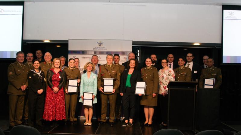 Major General Douglas Laidlaw with the South Australia Employer Support Awards category winners and honourable mentions.