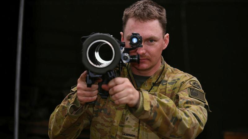 Private Kyle Franklin poses with a Mark IV 84mm Carl Gustav recoilless rifle.